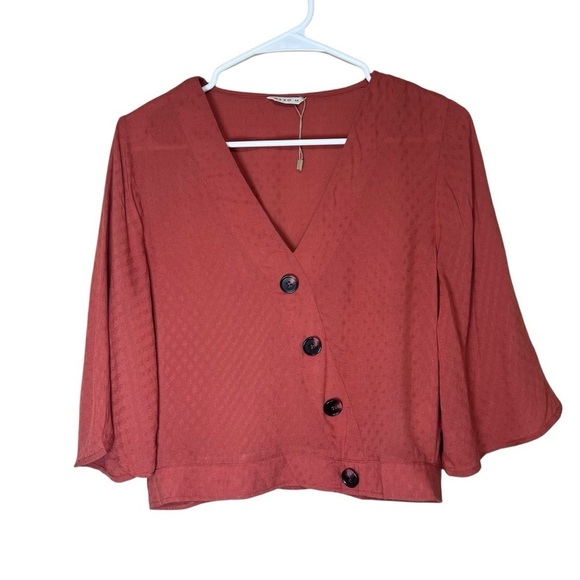 OXXO Burnt Orange Crepe Bell Sleeve Shirt Top Terra Rosa Coastal Cowgirl Sz Med - Picture 2 of 12